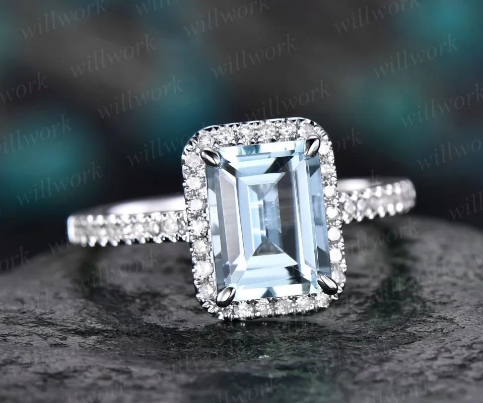 Aquamarine ring vintage unique Emerald cut aquamarine engagement ring white gold halo half eternity diamond ring for women promise ring gift sold by Willwork Jewelry