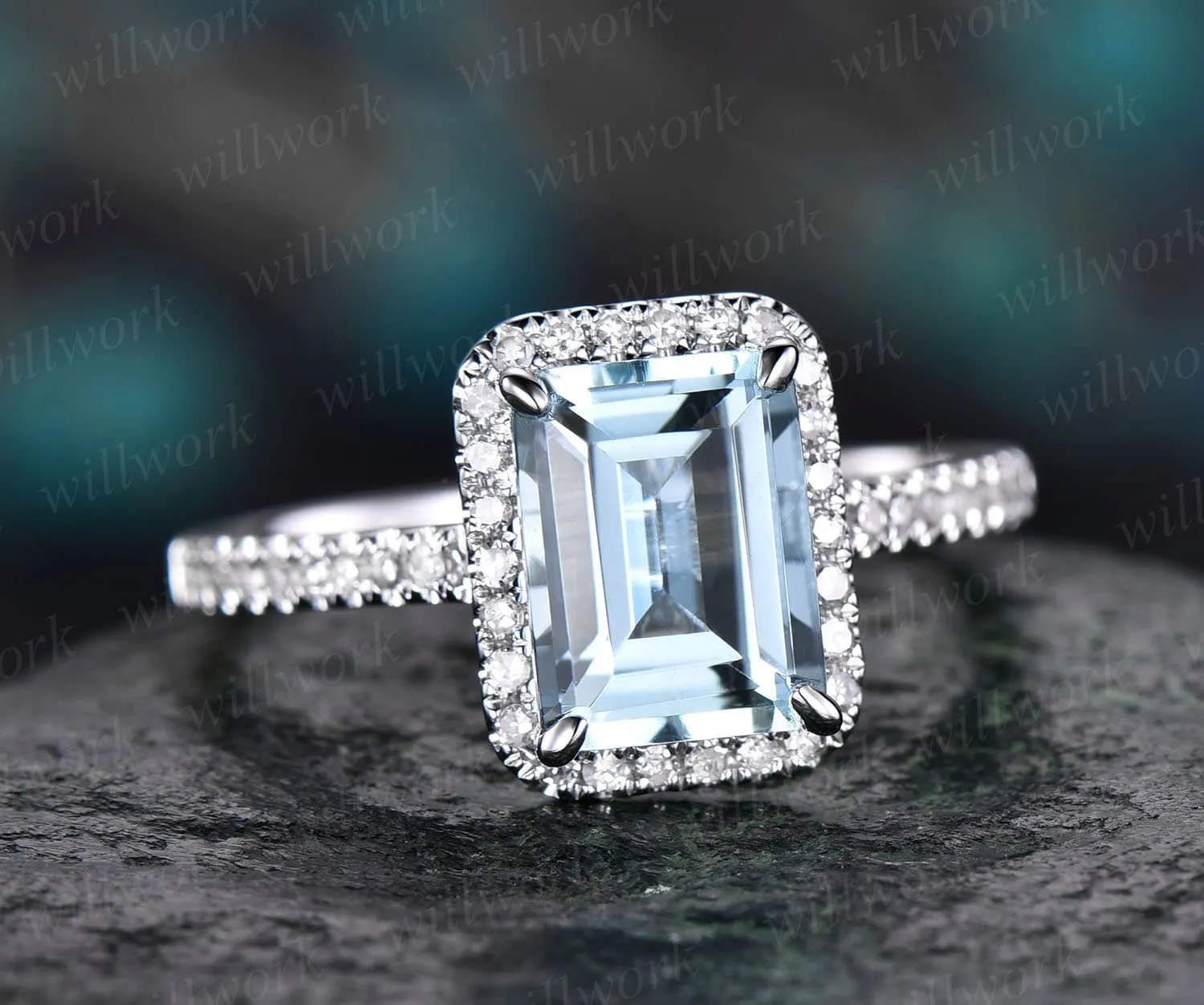 Aquamarine ring vintage unique Emerald cut aquamarine engagement ring white gold halo half eternity diamond ring for women promise ring gift sold by Willwork Jewelry