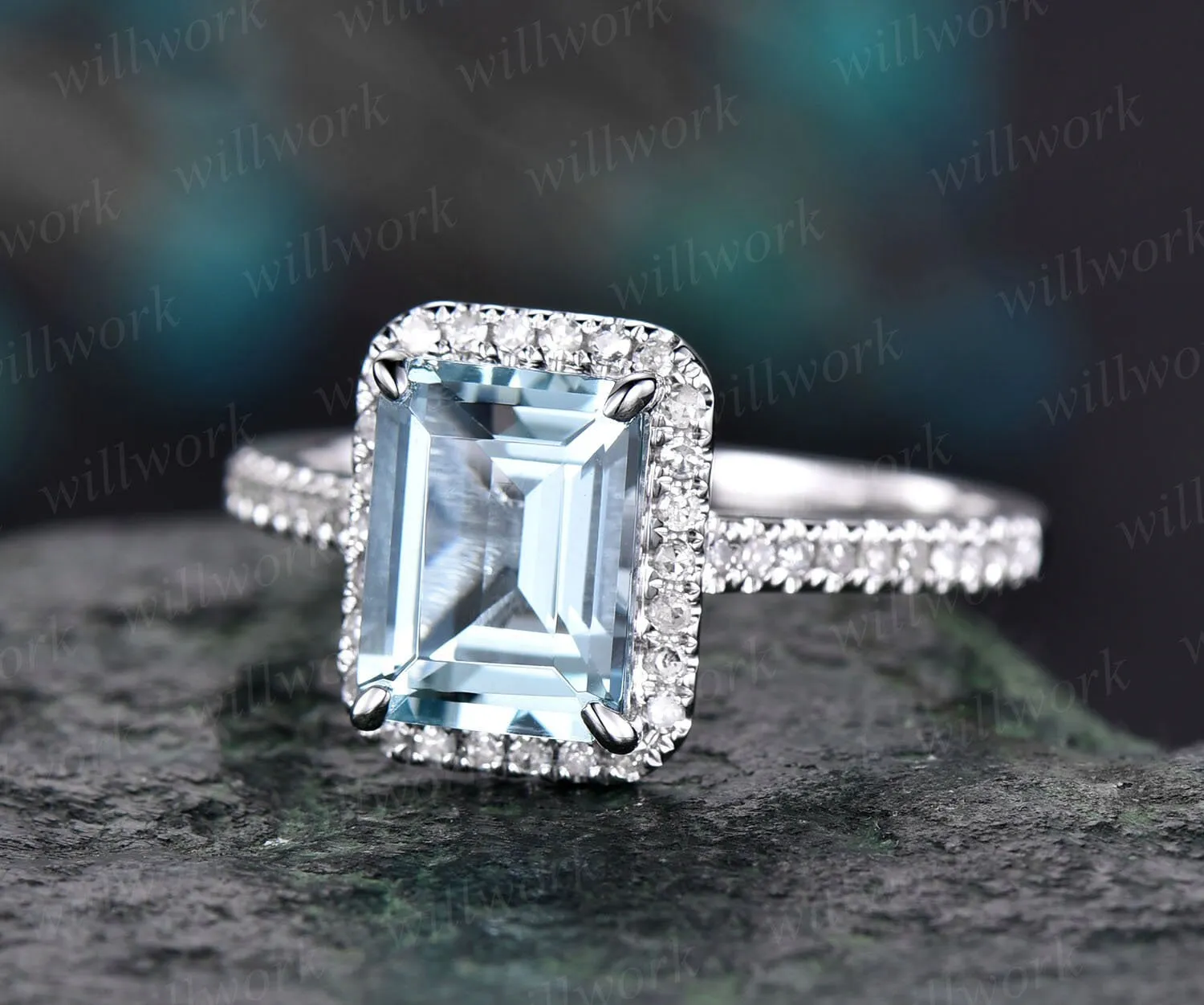 Aquamarine ring vintage unique Emerald cut aquamarine engagement ring white gold halo half eternity diamond ring for women promise ring gift sold by Willwork Jewelry product image thumbnail 3