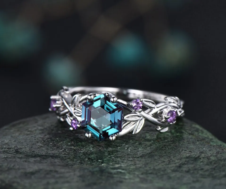 Alexandrite ring vintage hexagon cut Alexandrite engagement ring white gold leaf amethyst ring silver June birthstone ring anniversary ring made by Willwork Jewelry