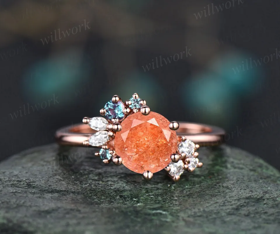 Round cut sunstone ring gold vintage sunstone engagement ring rose gold unique cluster engagement ring marquise cut diamond ring for women sold by Willwork Jewelry