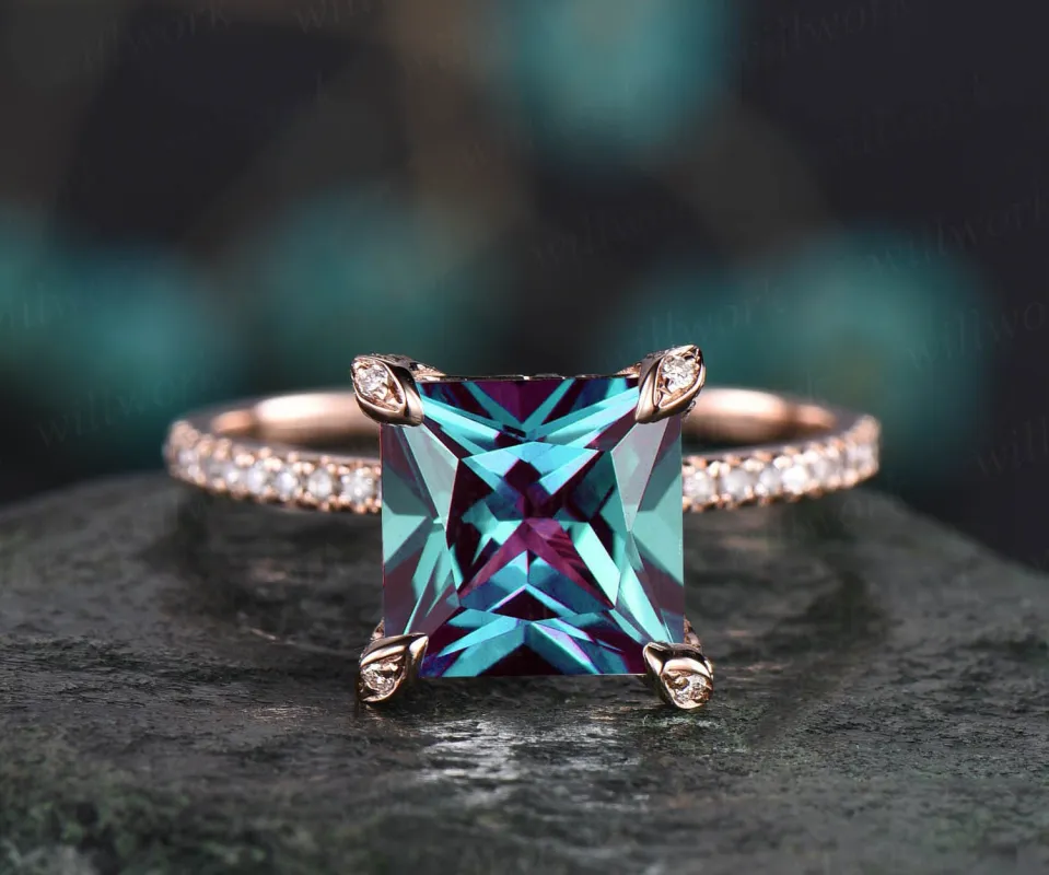 Vintage Princess cut engagement ring Alexandrite engagement ring 14k rose gold June birthstone pyramid under halo basket diamond ring sold by Willwork Jewelry