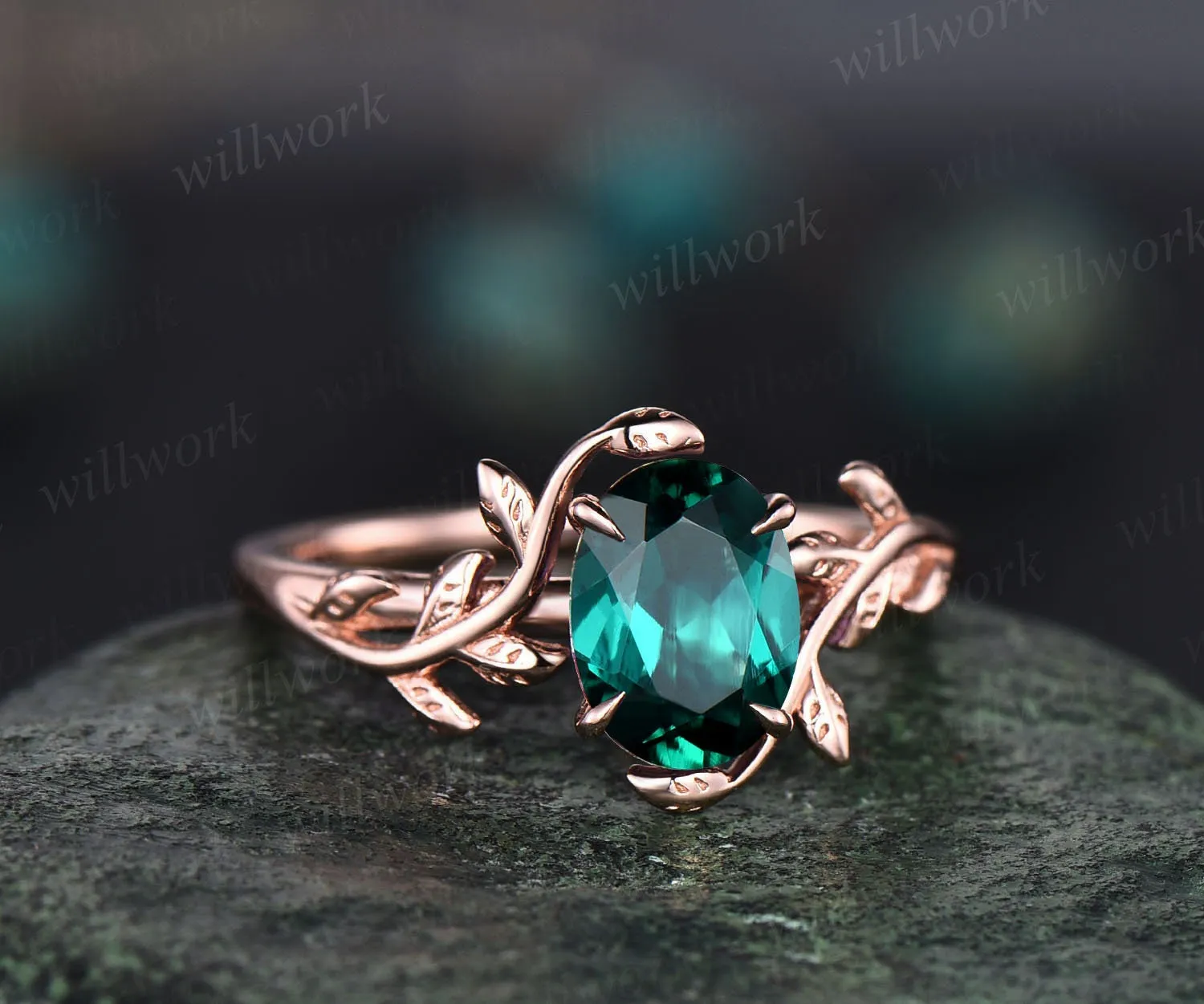 Oval cut emerald ring gold silver for women green emerald engagement ring leaf vintage solitaire unique alternative engagement ring gifts sold by Willwork Jewelry product image thumbnail 3