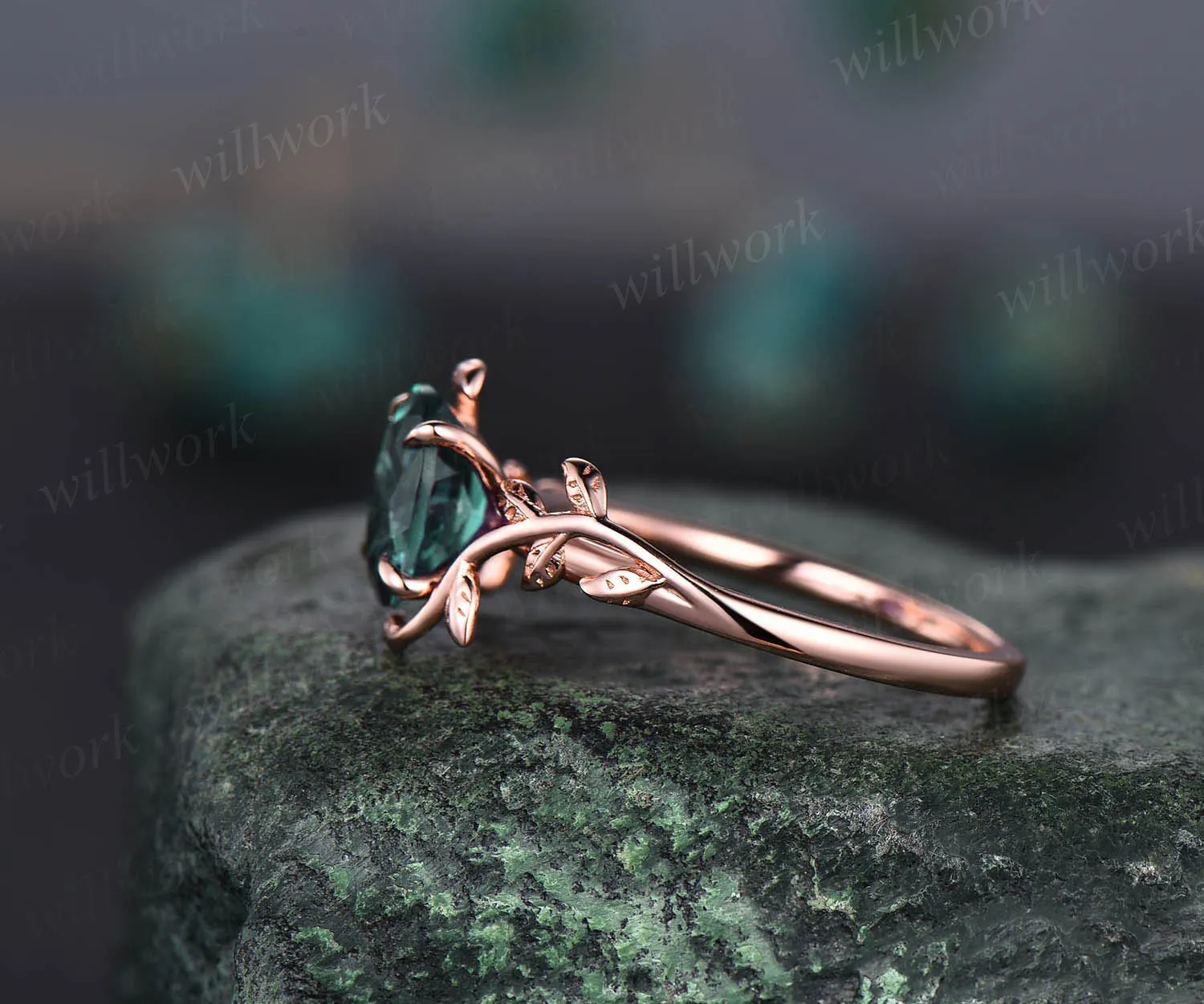 Oval cut emerald ring gold silver for women green emerald engagement ring leaf vintage solitaire unique alternative engagement ring gifts sold by Willwork Jewelry product image thumbnail 4