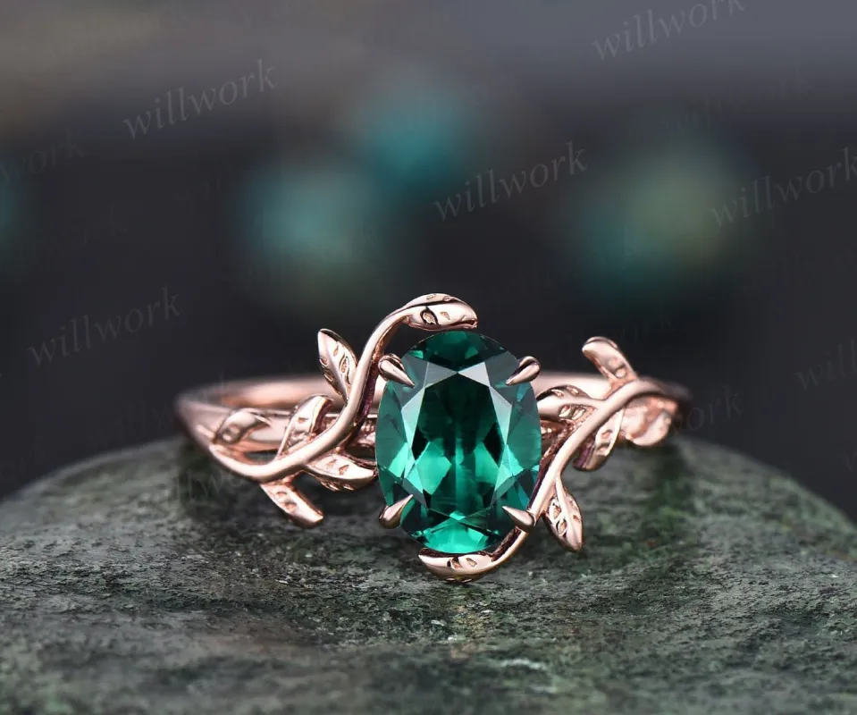 Oval cut emerald ring gold silver for women green emerald engagement ring leaf vintage solitaire unique alternative engagement ring gifts sold by Willwork Jewelry