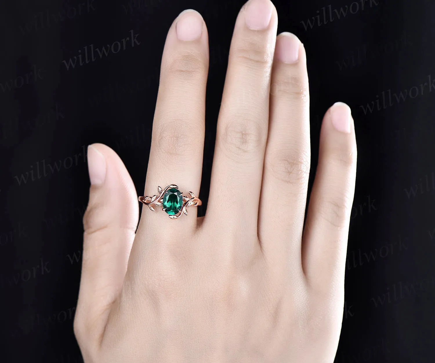 Oval cut emerald ring gold silver for women green emerald engagement ring leaf vintage solitaire unique alternative engagement ring gifts sold by Willwork Jewelry product image thumbnail 2