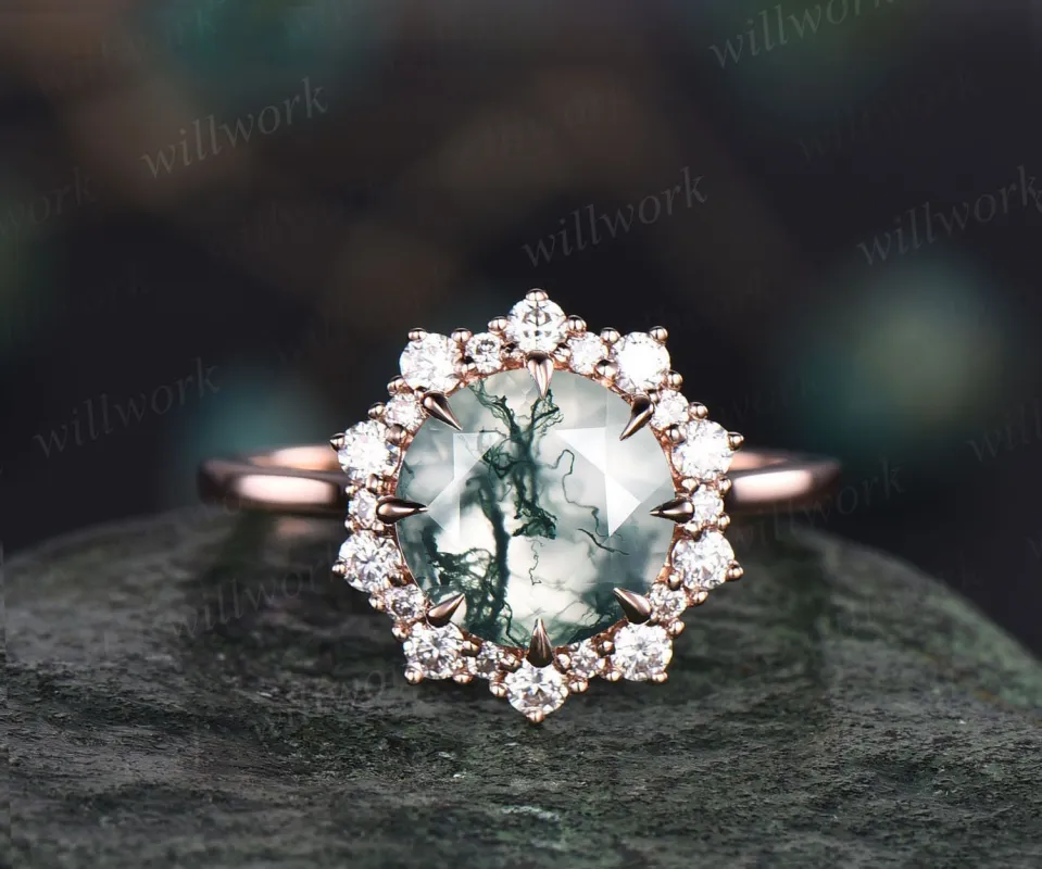 Round green moss agate ring gold vintage moss agate engagement ring rose gold halo unique engagement ring moissanite promise ring for her sold by Willwork Jewelry
