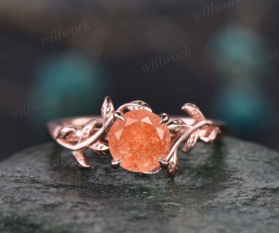 Round cut orange sunstone ring gold unique nature inspired sunstone engagement ring rose gold art deco leaf ring bridal promise ring women sold by Willwork Jewelry