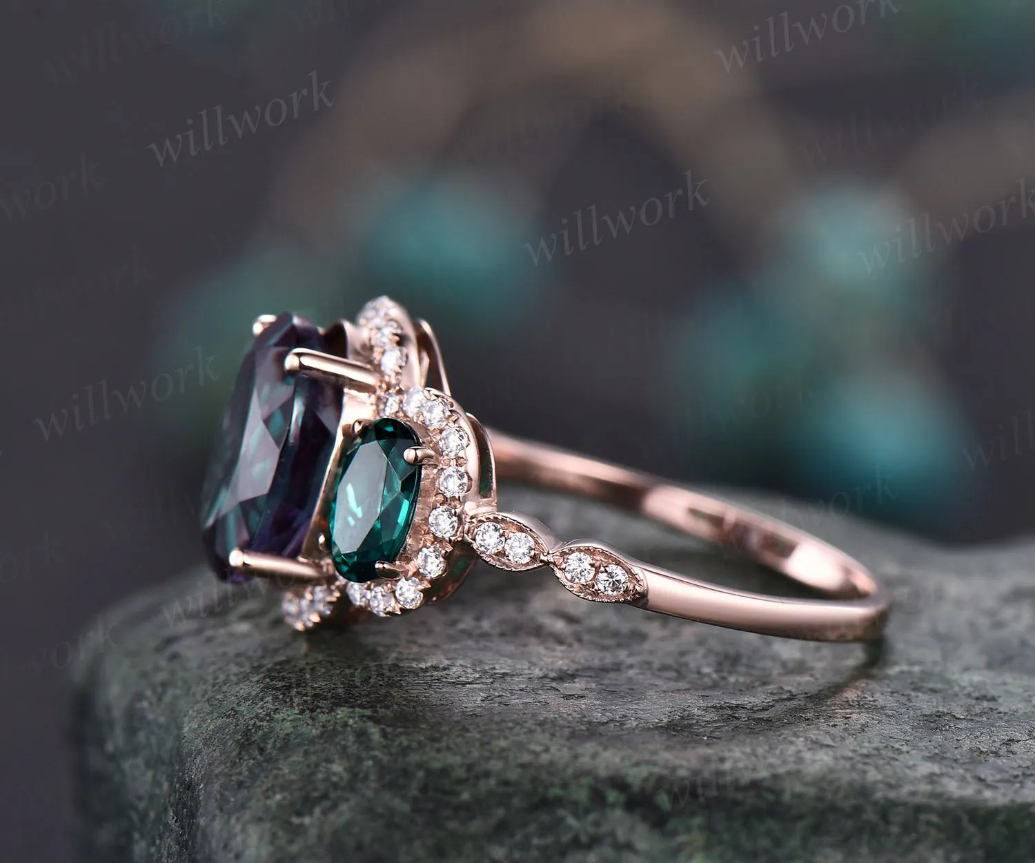 Oval cut Alexandrite engagement ring rose gold art deco vintage unique engagement ring holo moissanite wedding ring for women fine jewelry sold by Willwork Jewelry product image thumbnail 4