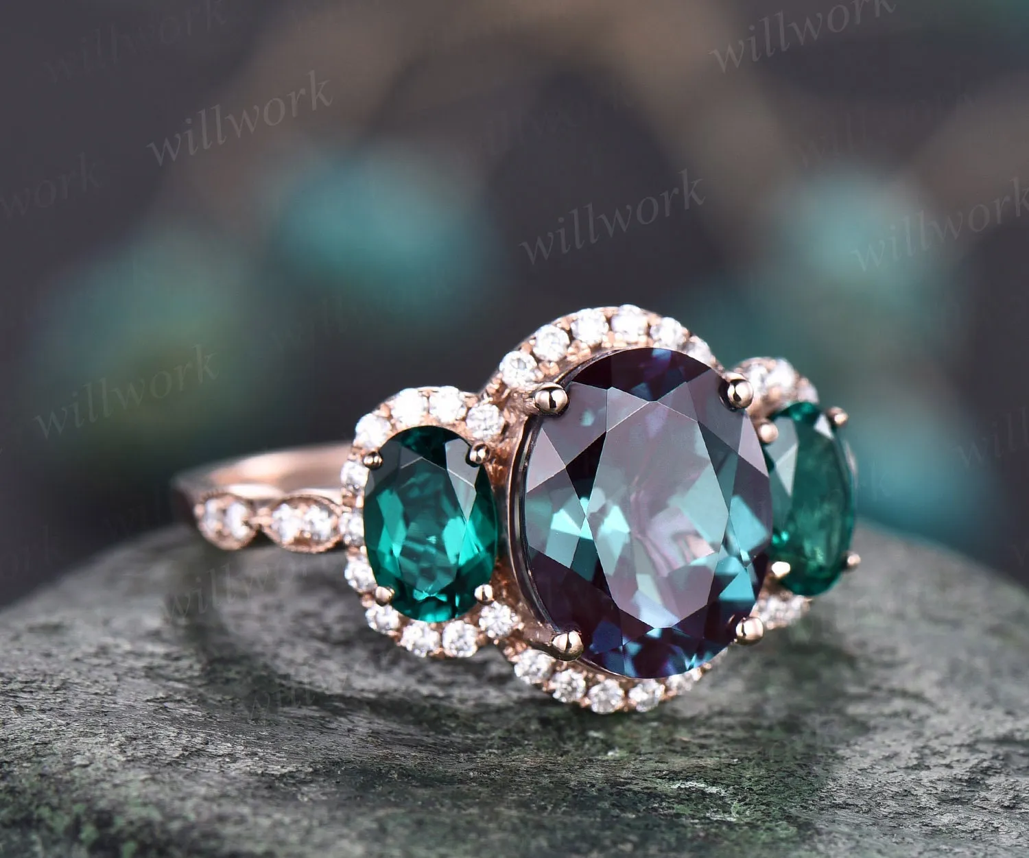 Oval cut Alexandrite engagement ring rose gold art deco vintage unique engagement ring holo moissanite wedding ring for women fine jewelry sold by Willwork Jewelry product image thumbnail 3