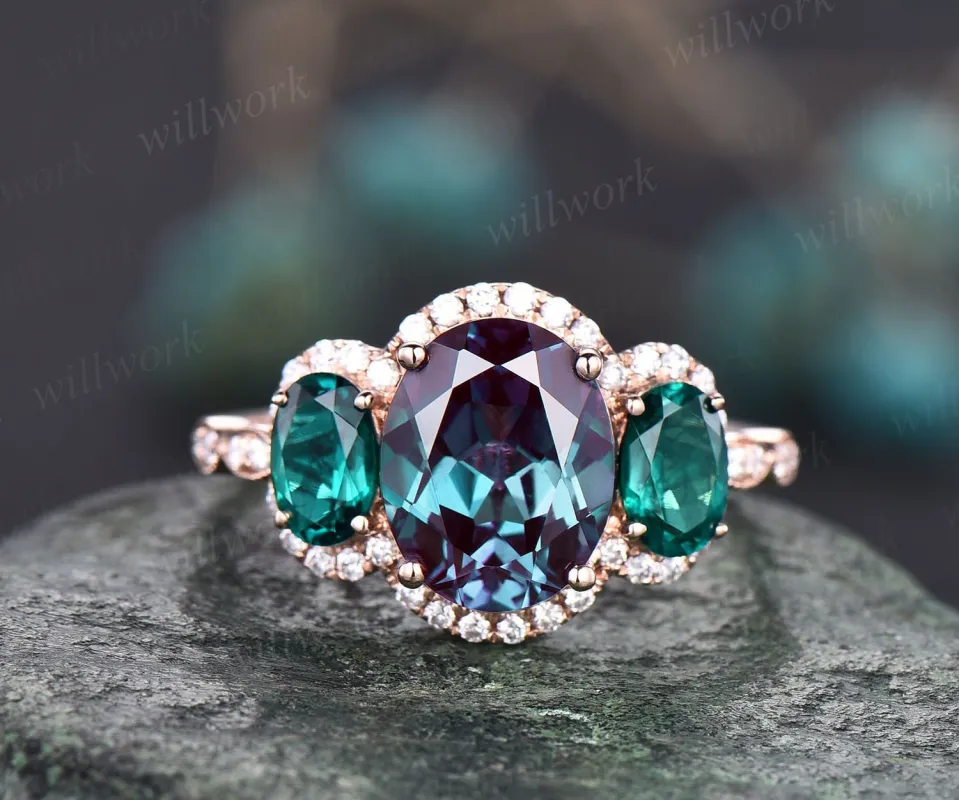 Oval cut Alexandrite engagement ring rose gold art deco vintage unique engagement ring holo moissanite wedding ring for women fine jewelry sold by Willwork Jewelry