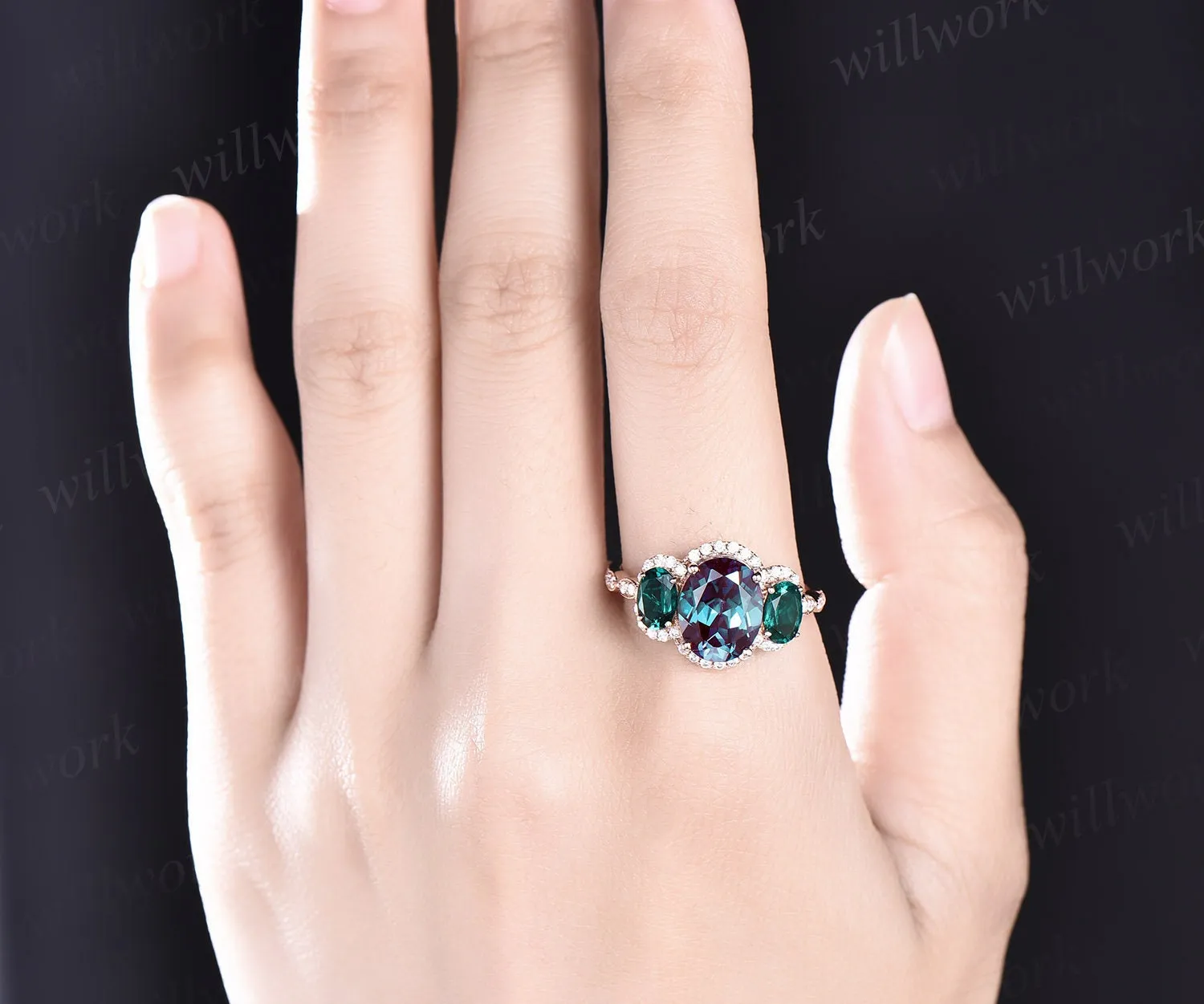 Oval cut Alexandrite engagement ring rose gold art deco vintage unique engagement ring holo moissanite wedding ring for women fine jewelry sold by Willwork Jewelry product image thumbnail 2