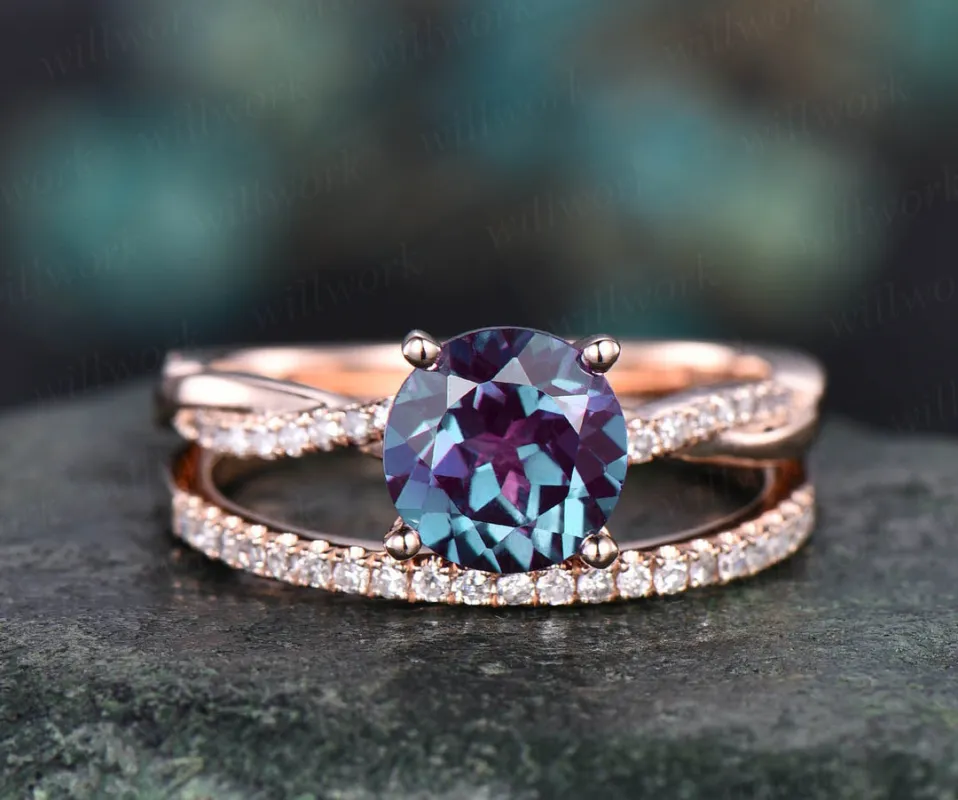 2pcs diamond ring Alexandrite engagement ring set rose gold twisted 3/4 eternity Alexandrite ring vintage wedding bridal set unique jewelry sold by Willwork Jewelry