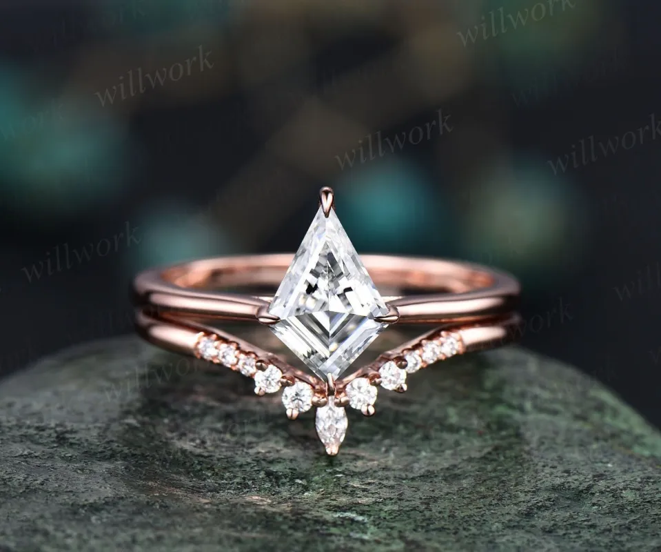 Kite cut moissanite ring gold vintage moissanite engagement ring set rose gold unique engagement ring dainty wedding ring set women gifts sold by Willwork Jewelry