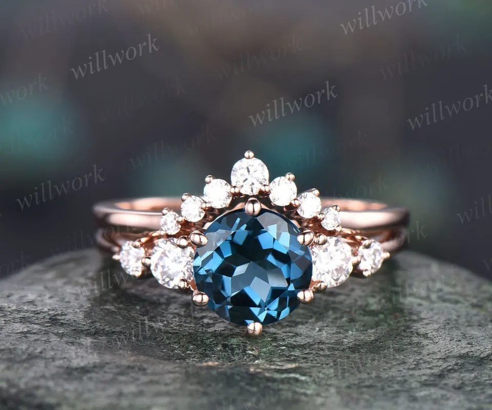 Unique London blue topaz engagement ring set 14k rose gold silver five stone minimalist ring six prong moissanite bridal ring set for women made by Willwork Jewelry