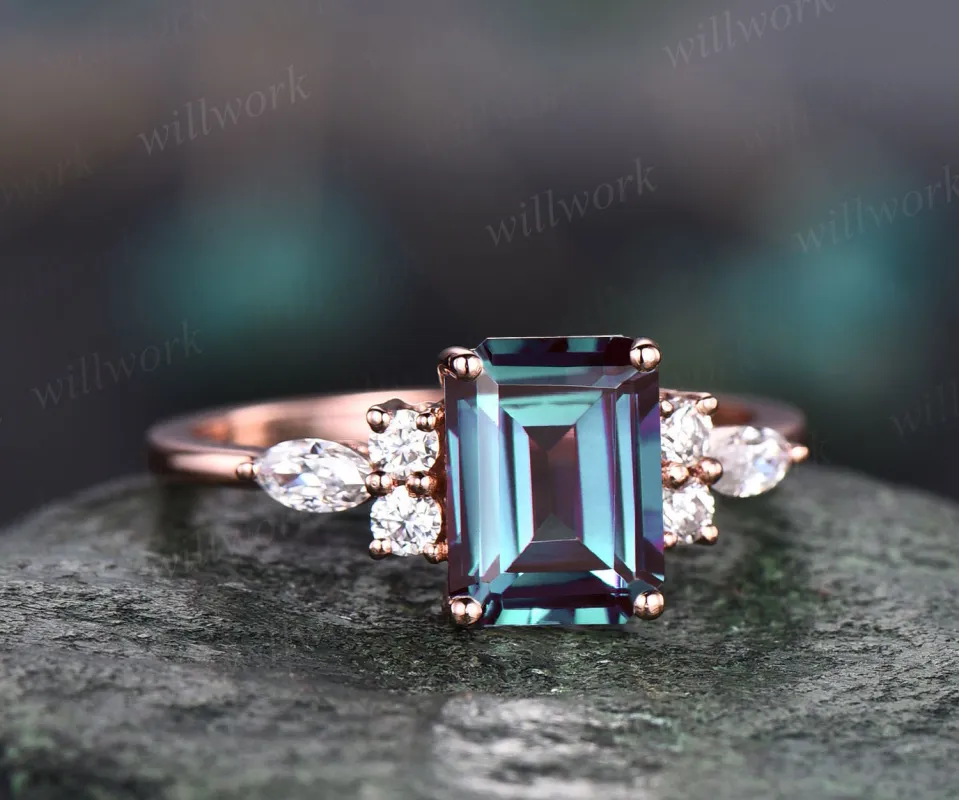 Vintage Alexandrite ring gold silver for women unique emerald cut Alexandrite engagement ring marquise cut diamond ring promise wedding ring sold by Willwork Jewelry