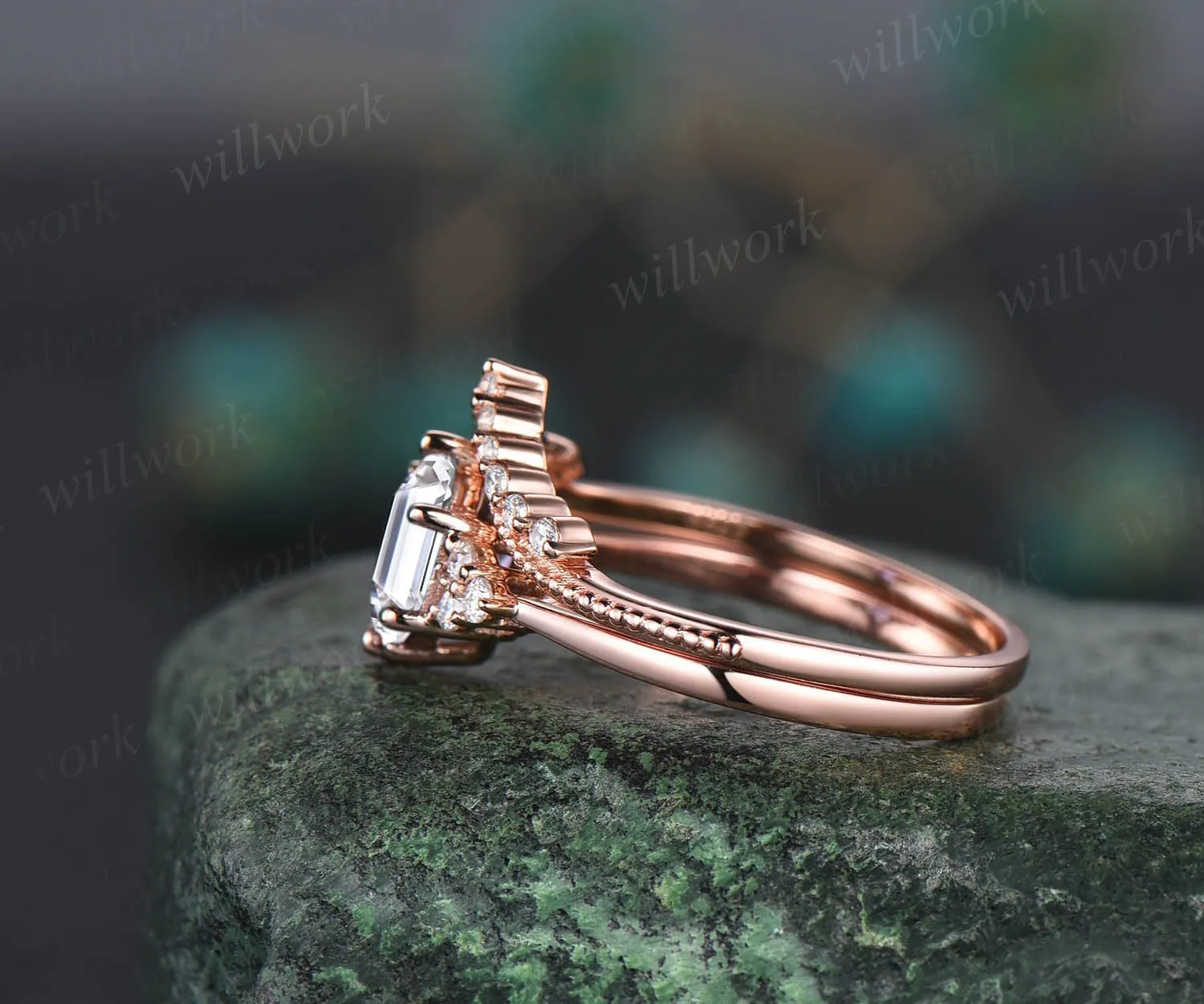 Unique moissanite engagement ring set hexagon cut ring vintage dainty diamond ring set 14k rose gold six prong wedding ring set for women sold by Willwork Jewelry product image thumbnail 5