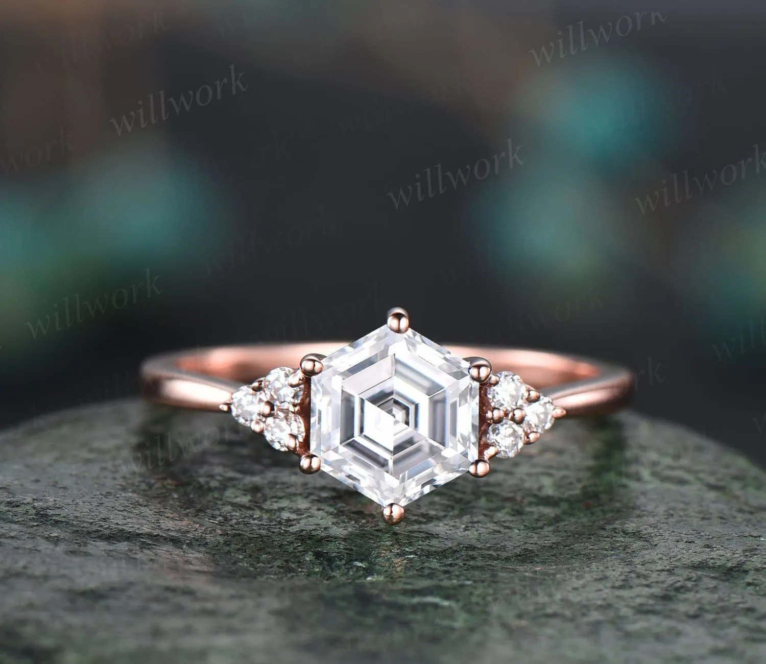 Unique moissanite engagement ring set hexagon cut ring vintage dainty diamond ring set 14k rose gold six prong wedding ring set for women sold by Willwork Jewelry product image thumbnail 4