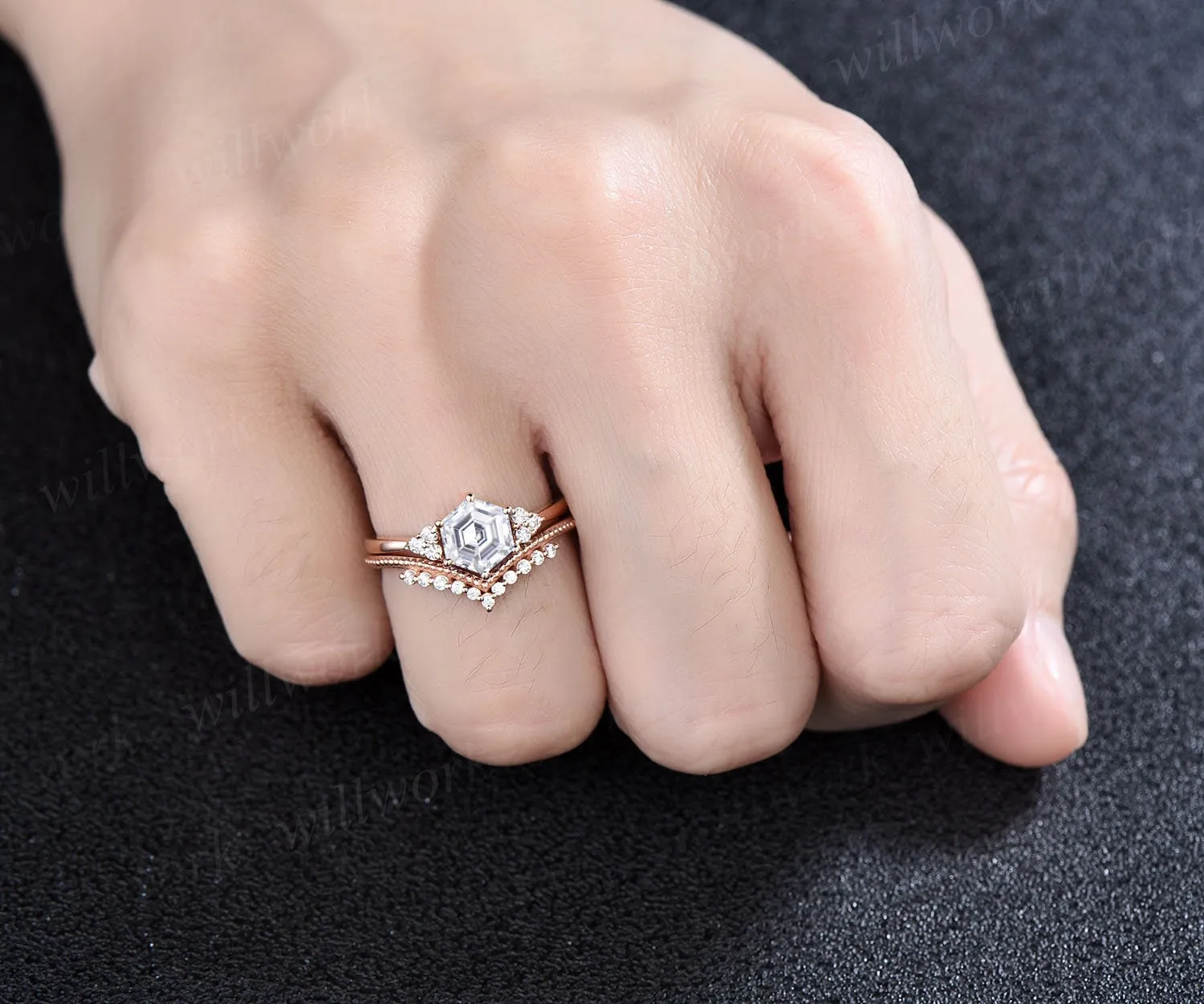 Unique moissanite engagement ring set hexagon cut ring vintage dainty diamond ring set 14k rose gold six prong wedding ring set for women sold by Willwork Jewelry product image thumbnail 2