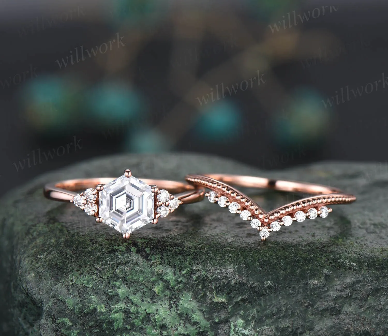 Unique moissanite engagement ring set hexagon cut ring vintage dainty diamond ring set 14k rose gold six prong wedding ring set for women sold by Willwork Jewelry product image thumbnail 3