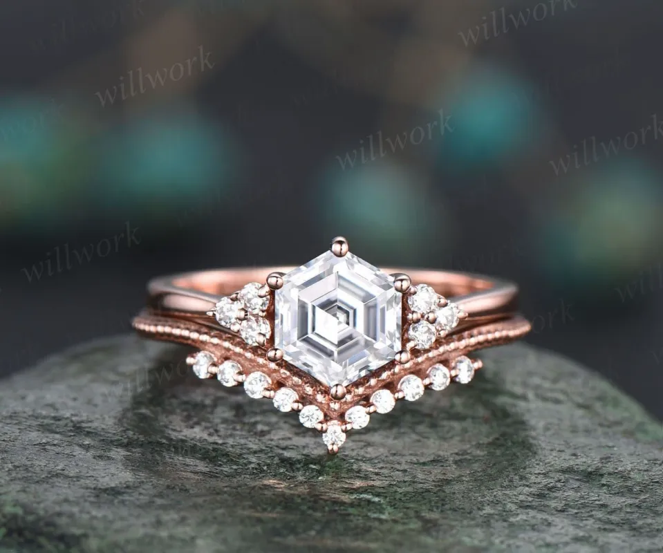 Unique moissanite engagement ring set hexagon cut ring vintage dainty diamond ring set 14k rose gold six prong wedding ring set for women sold by Willwork Jewelry