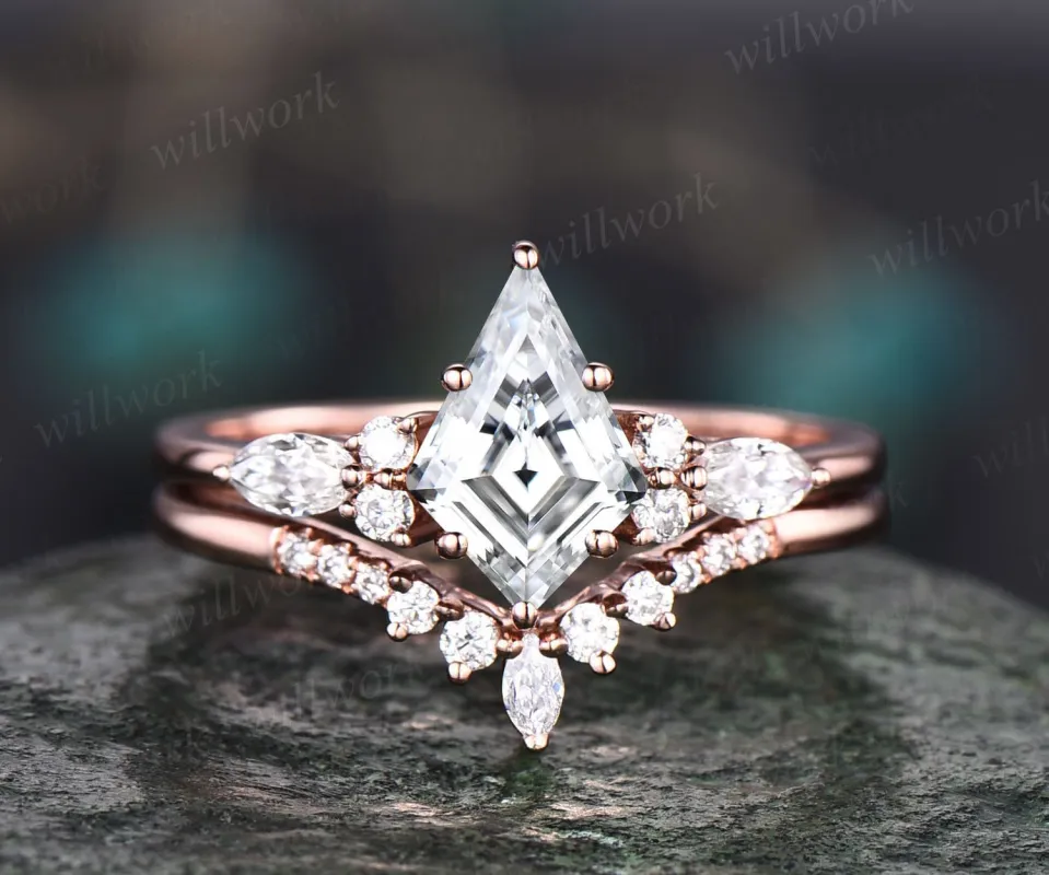 Vintage kite cut moissanite engagement ring set 14k rose gold six prong marquise cut diamond ring for women unique bridal wedding ring set sold by Willwork Jewelry