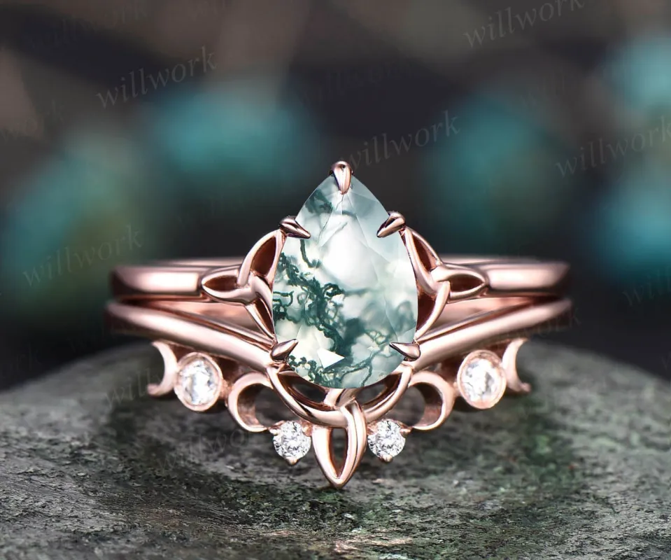 Unique pear shaped green moss agate engagement ring set 14k rose gold solitaire Norse Viking ring Jewelry antique wedding ring set for women sold by Willwork Jewelry