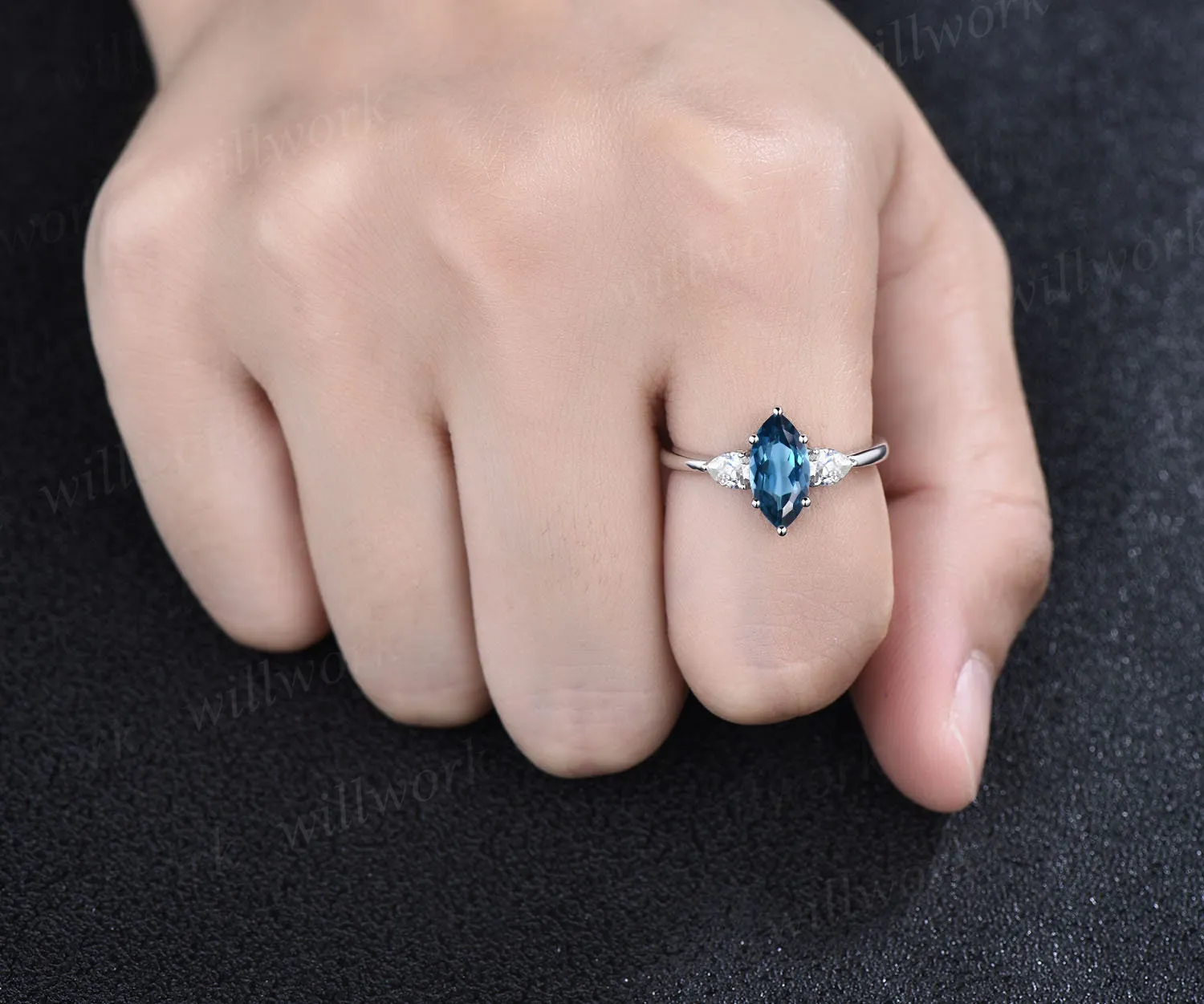 Marquise cut London blue topaz engagement ring white gold vintage unique three stone engagement ring six prone moissanite wedding ring women sold by Willwork Jewelry product image thumbnail 2