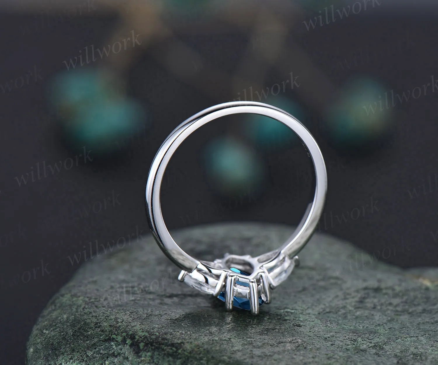 Marquise cut London blue topaz engagement ring white gold vintage unique three stone engagement ring six prone moissanite wedding ring women sold by Willwork Jewelry product image thumbnail 4
