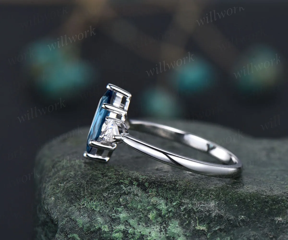 Marquise cut London blue topaz engagement ring white gold vintage unique three stone engagement ring six prone moissanite wedding ring women sold by Willwork Jewelry product image thumbnail 5