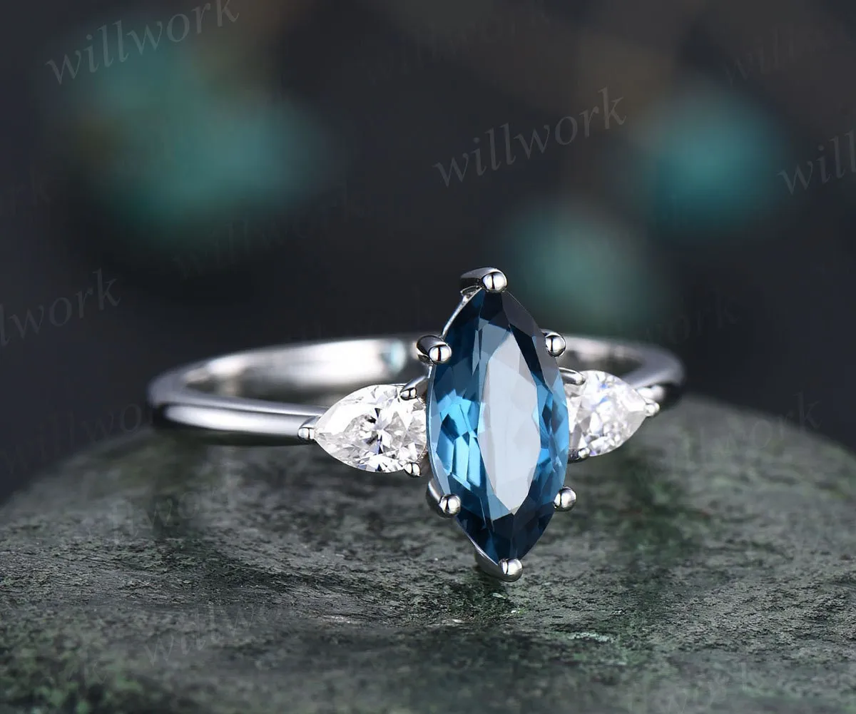 Marquise cut London blue topaz engagement ring white gold vintage unique three stone engagement ring six prone moissanite wedding ring women sold by Willwork Jewelry product image thumbnail 3