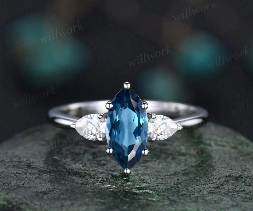 Marquise cut London blue topaz engagement ring white gold vintage unique three stone engagement ring six prone moissanite wedding ring women sold by Willwork Jewelry