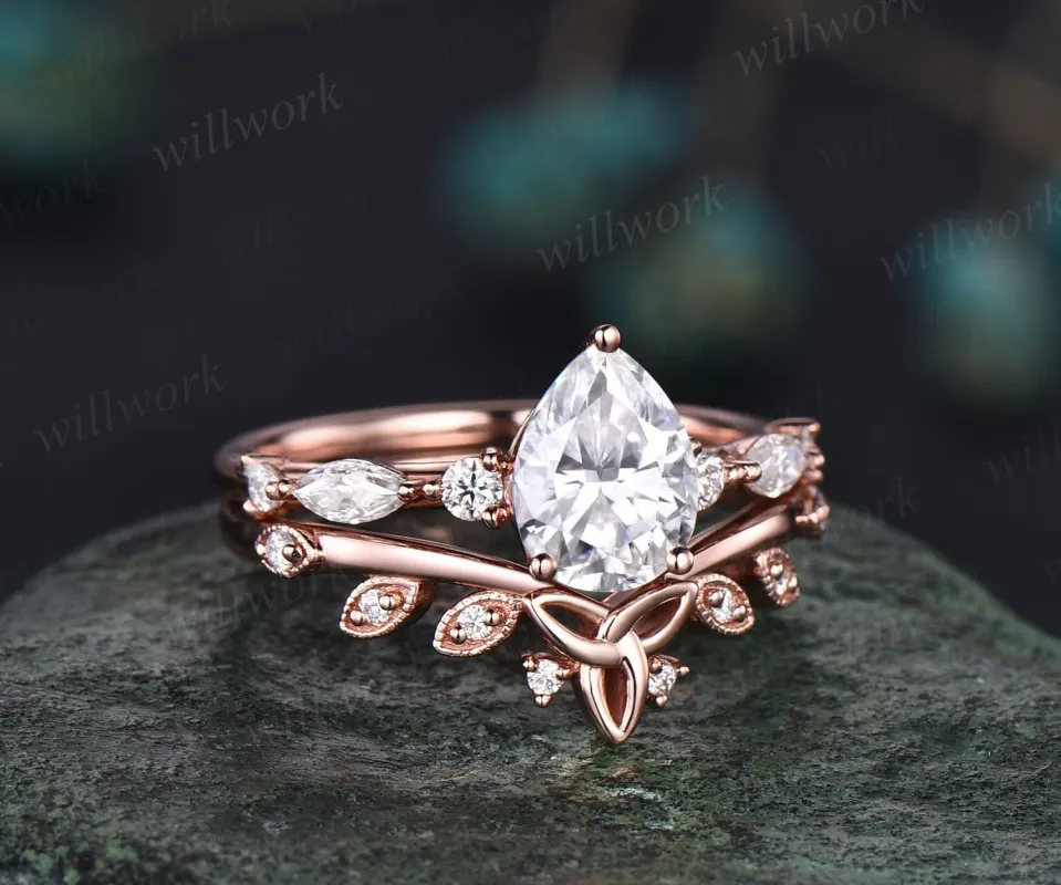 Pear shaped moissanite ring set gold vintage moissanite engagement ring set art deco rose gold engagement ring unique engagement ring women sold by Willwork Jewelry