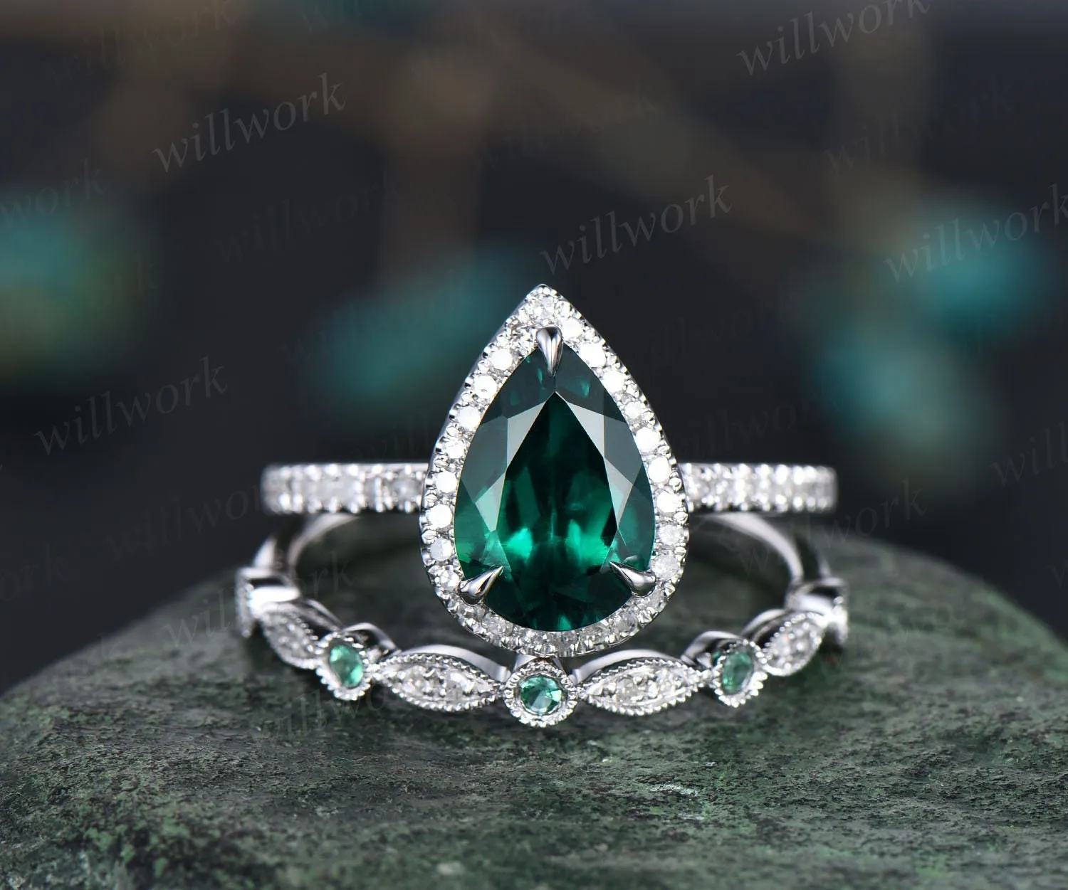 Pear shaped emerald ring gold vintage emerald engagement ring set halo unique engagement ring half eternity diamond wedding ring set women sold by Willwork Jewelry product image thumbnail 3