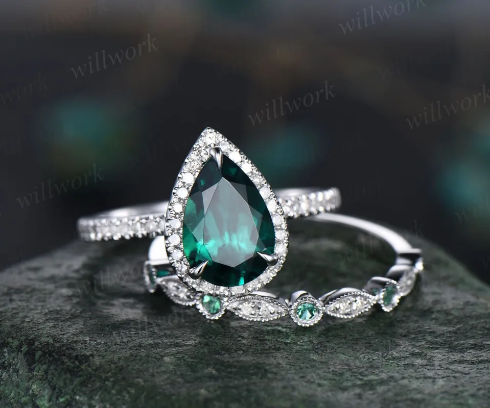 Pear shaped emerald ring gold vintage emerald engagement ring set halo unique engagement ring half eternity diamond wedding ring set women sold by Willwork Jewelry