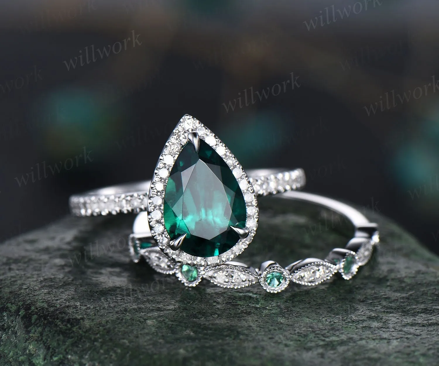 Pear shaped emerald ring gold vintage emerald engagement ring set halo unique engagement ring half eternity diamond wedding ring set women sold by Willwork Jewelry