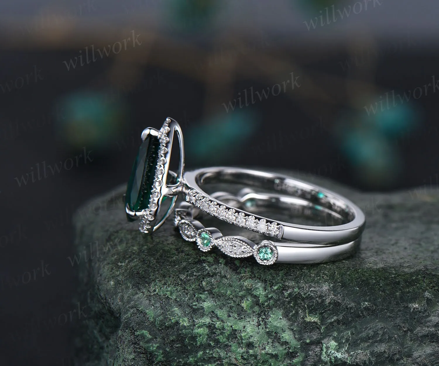 Pear shaped emerald ring gold vintage emerald engagement ring set halo unique engagement ring half eternity diamond wedding ring set women sold by Willwork Jewelry product image thumbnail 4