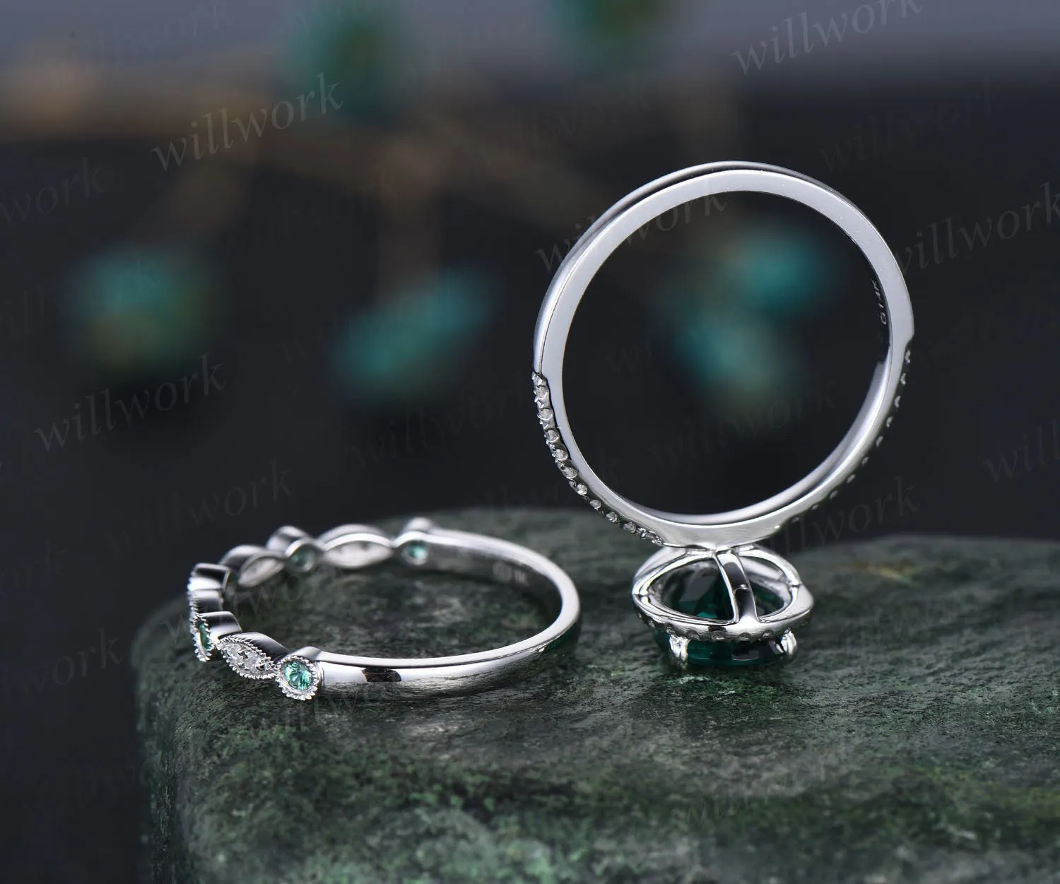 Pear shaped emerald ring gold vintage emerald engagement ring set halo unique engagement ring half eternity diamond wedding ring set women sold by Willwork Jewelry product image thumbnail 5