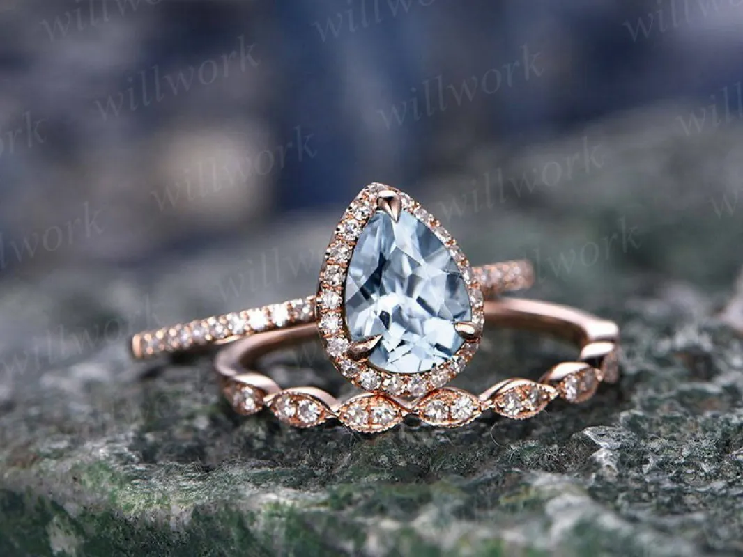 Pear shaped aquamarine engagement ring set rose gold alternative vintage unique engagement ring halo diamond bridal wedding ring set women sold by Willwork Jewelry