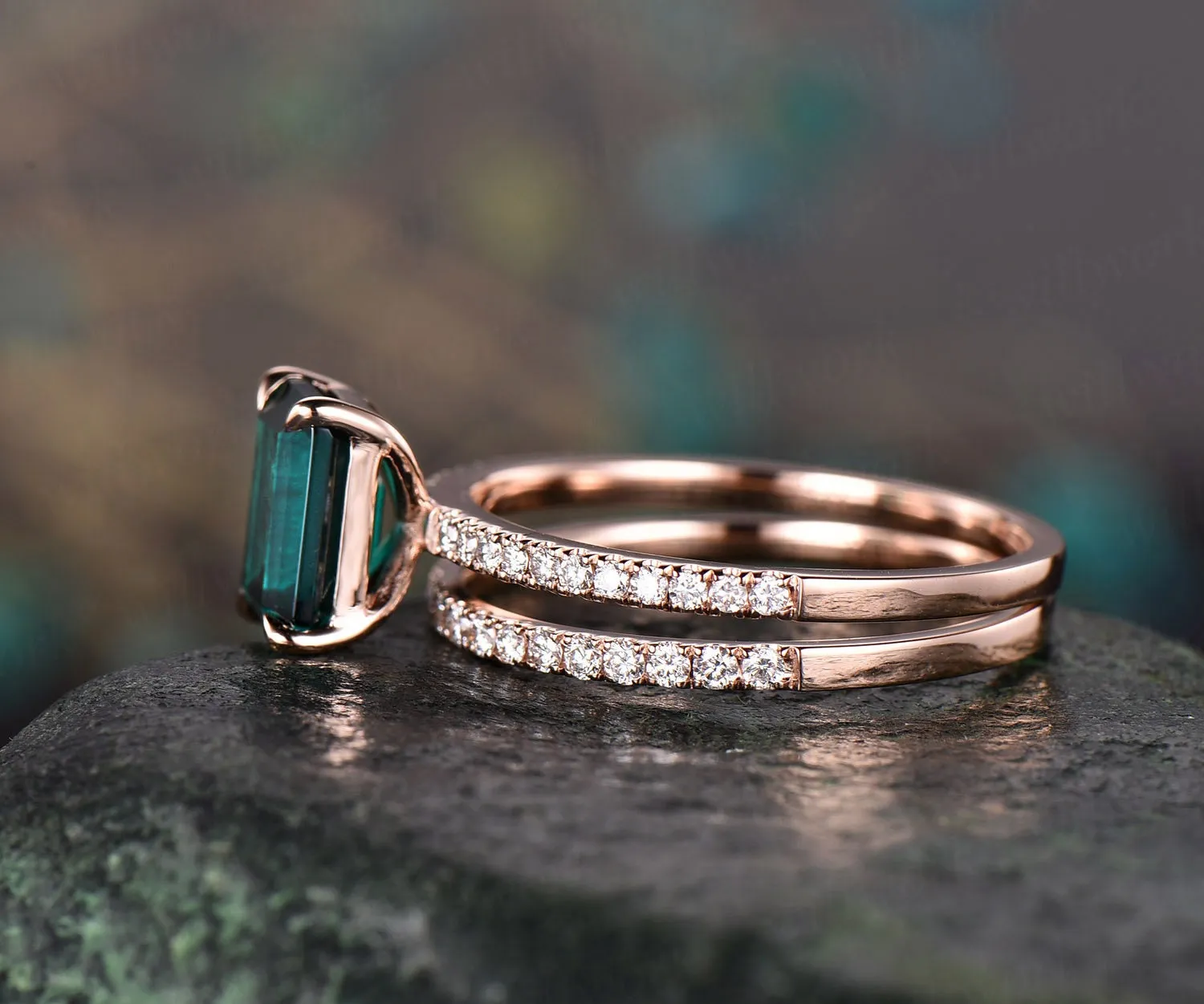 Emerald cut emerald ring gold vintage emerald engagement ring set 14k rose gold unique engagement ring diamond wedding ring set for women sold by Willwork Jewelry product image thumbnail 4