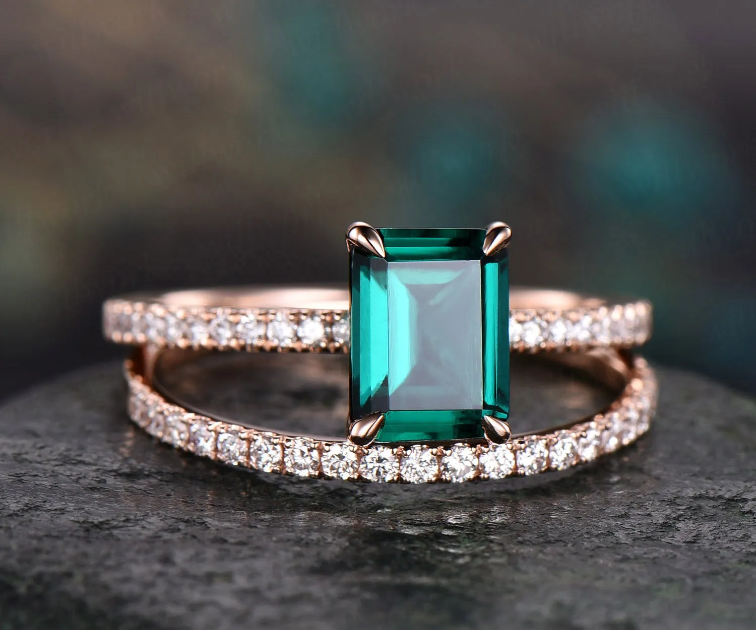 Emerald cut emerald ring gold vintage emerald engagement ring set 14k rose gold unique engagement ring diamond wedding ring set for women sold by Willwork Jewelry