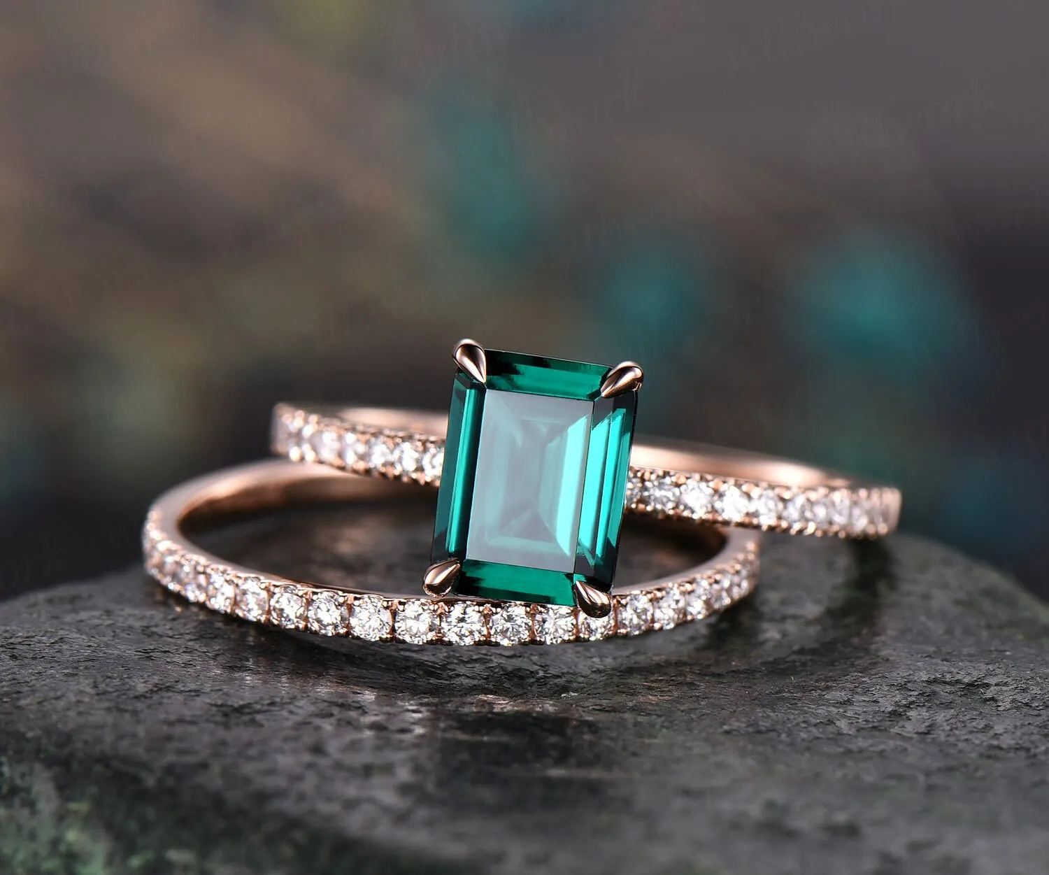 Emerald cut emerald ring gold vintage emerald engagement ring set 14k rose gold unique engagement ring diamond wedding ring set for women sold by Willwork Jewelry product image thumbnail 3