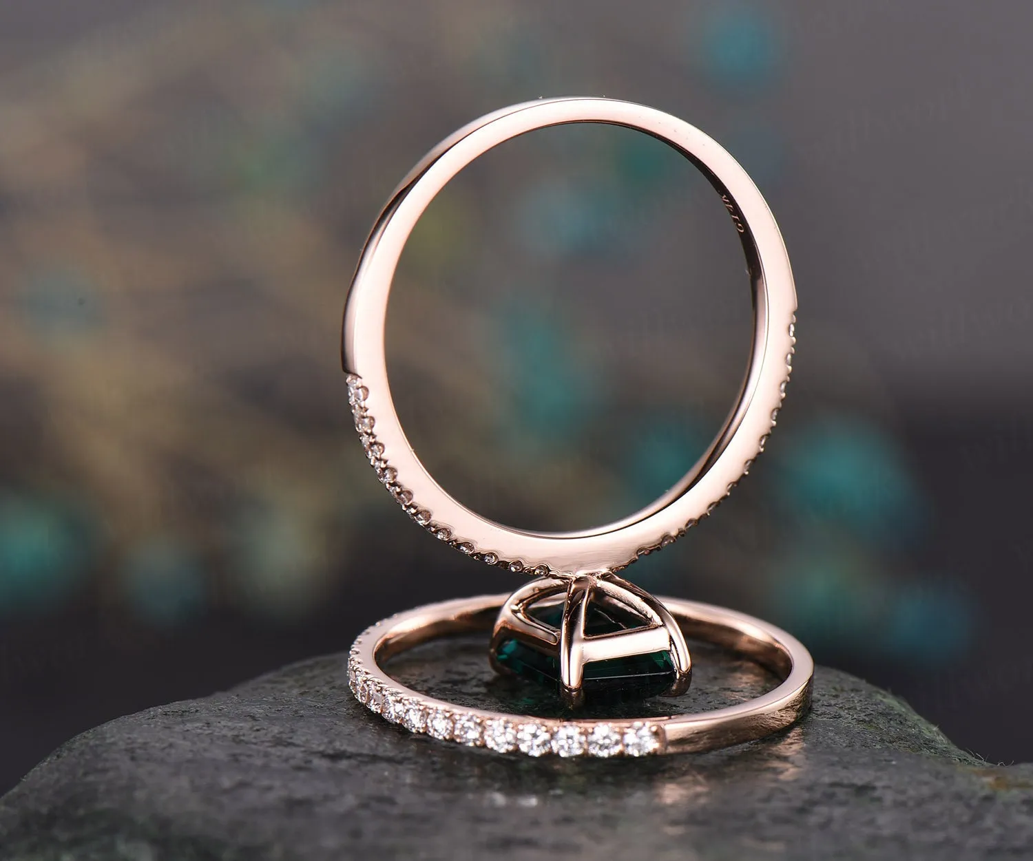 Emerald cut emerald ring gold vintage emerald engagement ring set 14k rose gold unique engagement ring diamond wedding ring set for women sold by Willwork Jewelry product image thumbnail 5