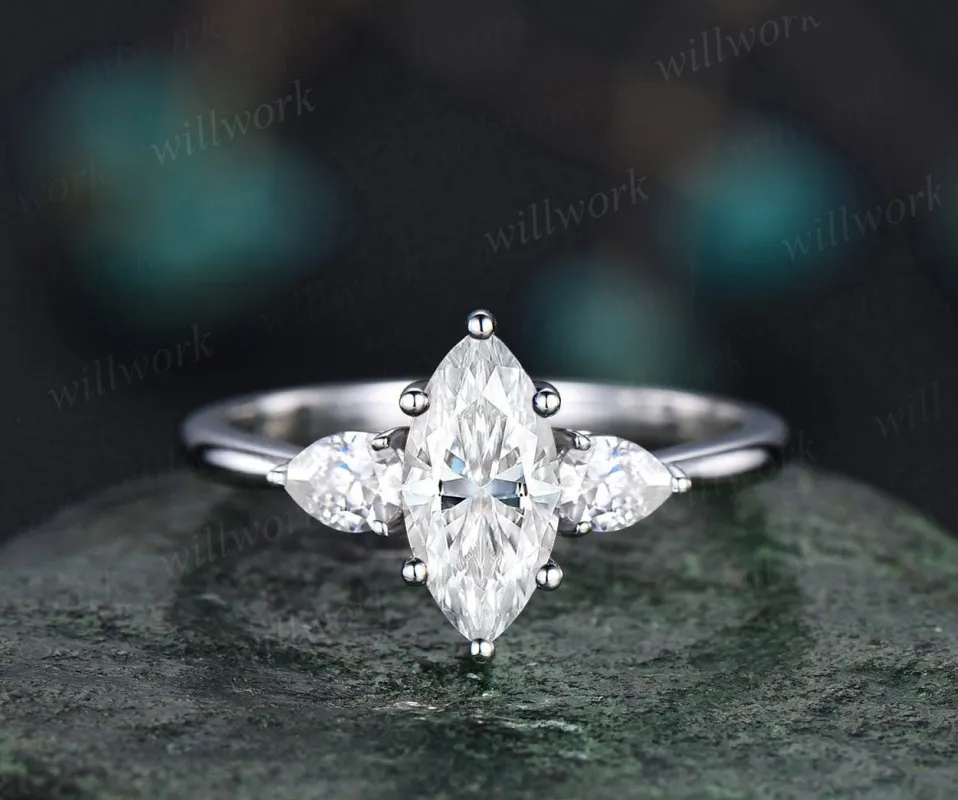 Marquise cut moissanite engagement ring white gold three stone unique engagement ring pear diamond ring six prong promise ring for her gifts sold by Willwork Jewelry