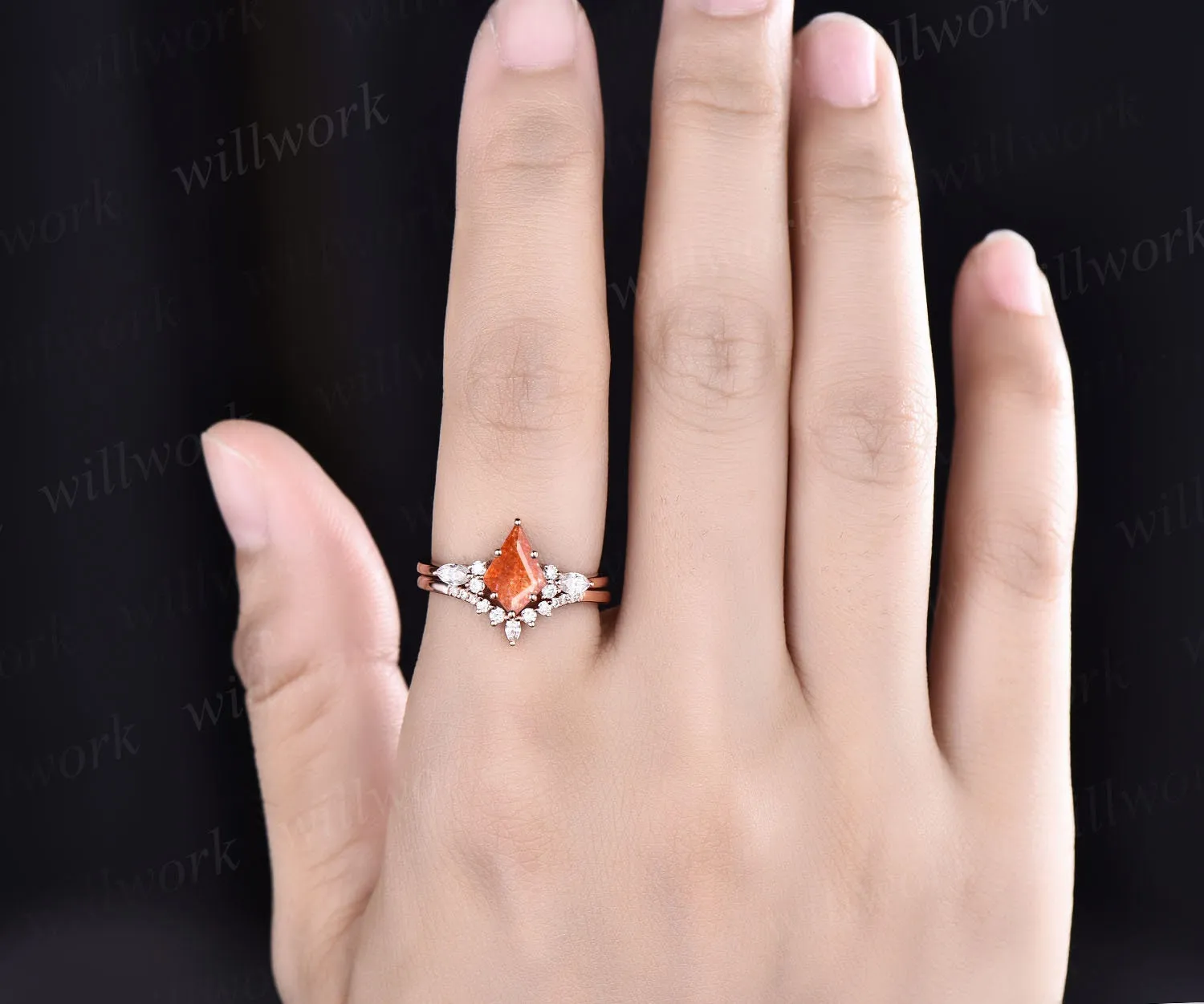 Kite cut sunstone ring gold vintage sunstone engagement ring set rose gold six prong art deco moissanite ring set promise ring for her gifts sold by Willwork Jewelry product image thumbnail 2