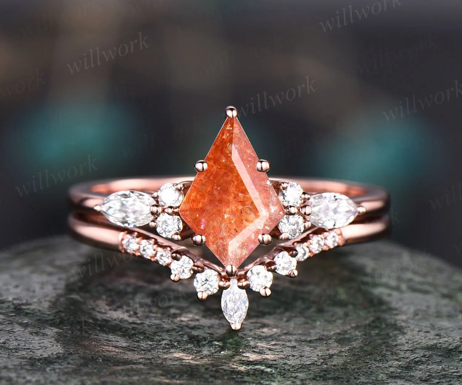 Kite cut sunstone ring gold vintage sunstone engagement ring set rose gold six prong art deco moissanite ring set promise ring for her gifts sold by Willwork Jewelry