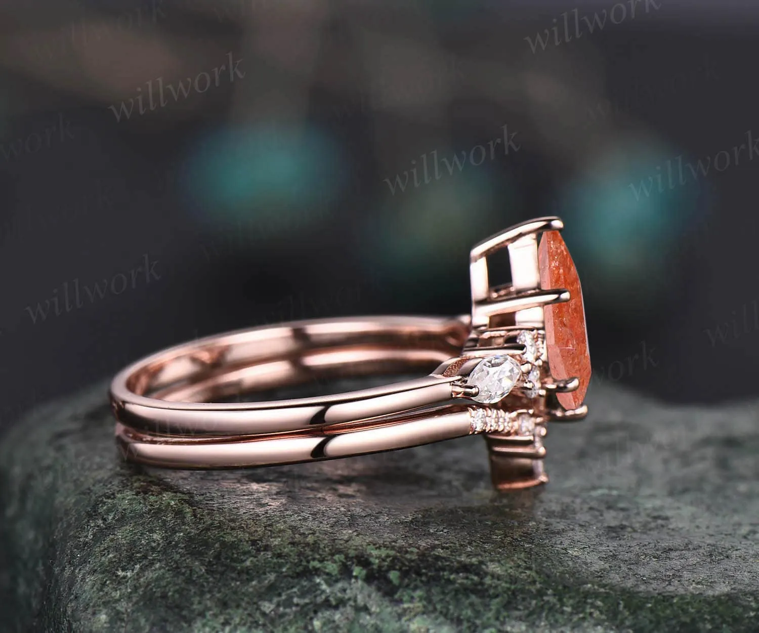 Kite cut sunstone ring gold vintage sunstone engagement ring set rose gold six prong art deco moissanite ring set promise ring for her gifts sold by Willwork Jewelry product image thumbnail 4