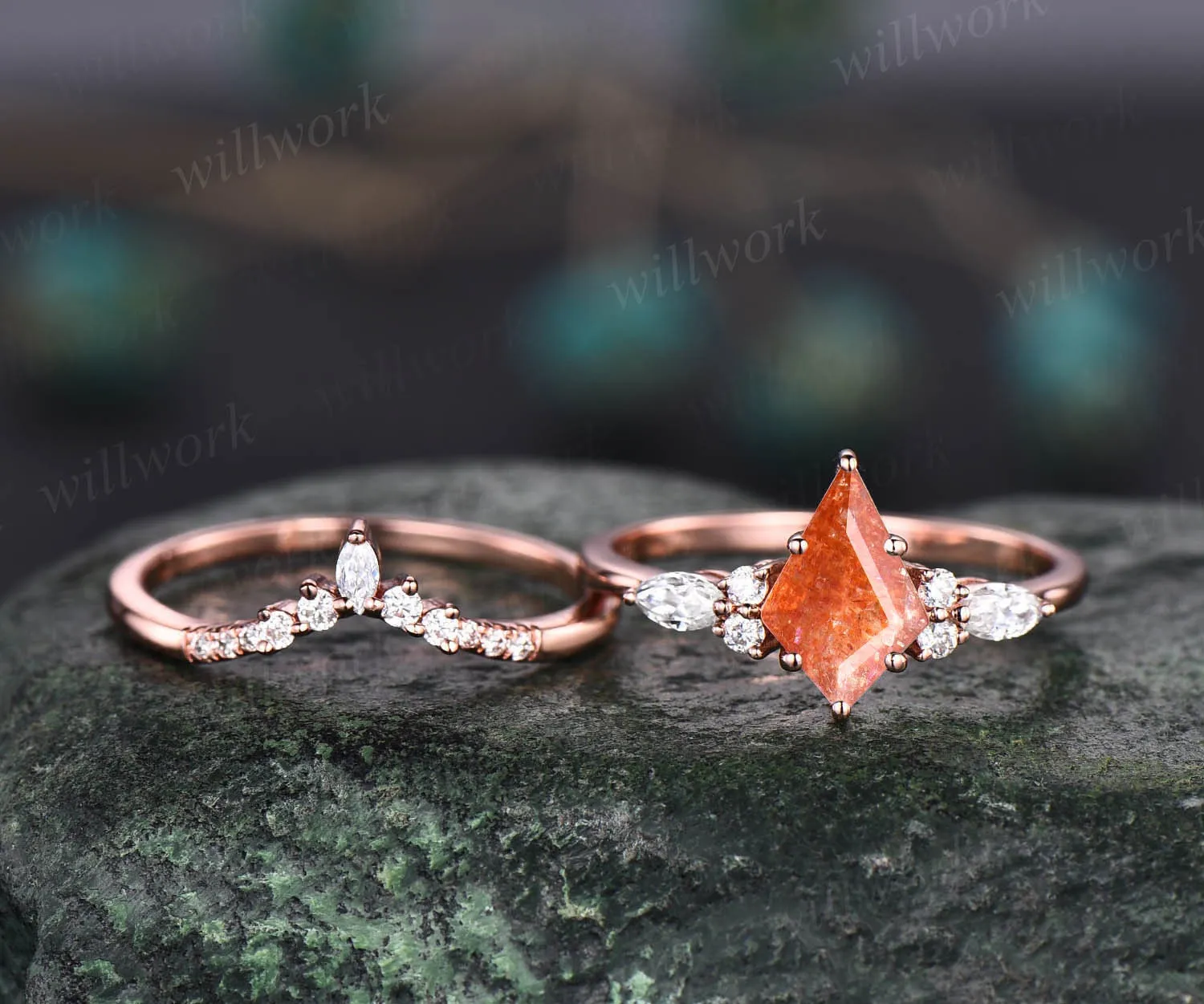 Kite cut sunstone ring gold vintage sunstone engagement ring set rose gold six prong art deco moissanite ring set promise ring for her gifts sold by Willwork Jewelry product image thumbnail 3