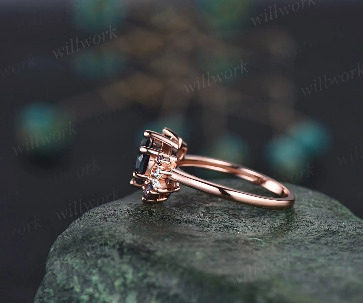 Round cut Alexandrite ring vintage cluster Alexandrite engagement ring rose gold six prong art deco diamond ring unique wedding ring women sold by Willwork Jewelry product image thumbnail 5