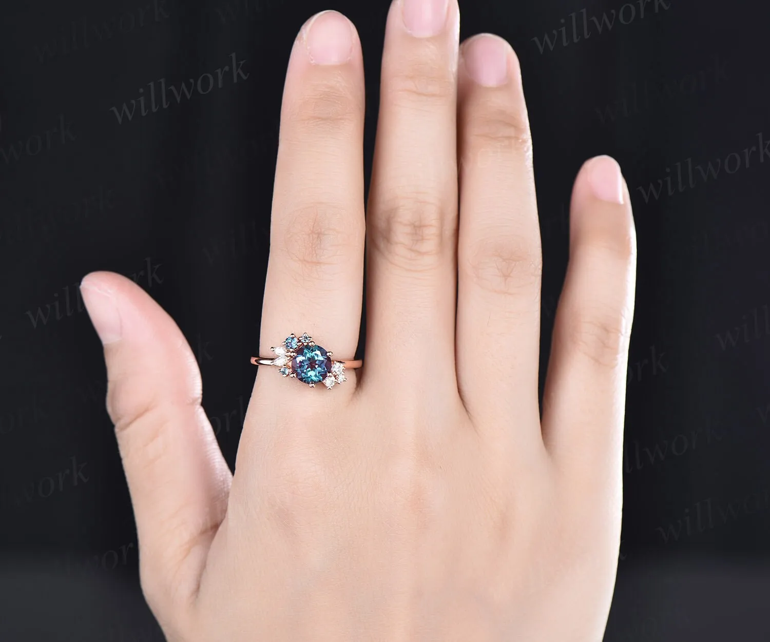 Round cut Alexandrite ring vintage cluster Alexandrite engagement ring rose gold six prong art deco diamond ring unique wedding ring women sold by Willwork Jewelry product image thumbnail 2